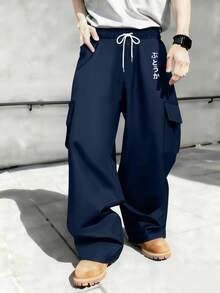 1 st. cargobyxor i plusstorlek för män, cargobyxor med flera fickor och grafiskt tryck - polyester, raka ben, perfekta för utomhusbruk, vandring, fiske, resor, streetwear-stil, svarta mångsidiga byxor | Design med flera fickor | - Kungsblått - Visa 1