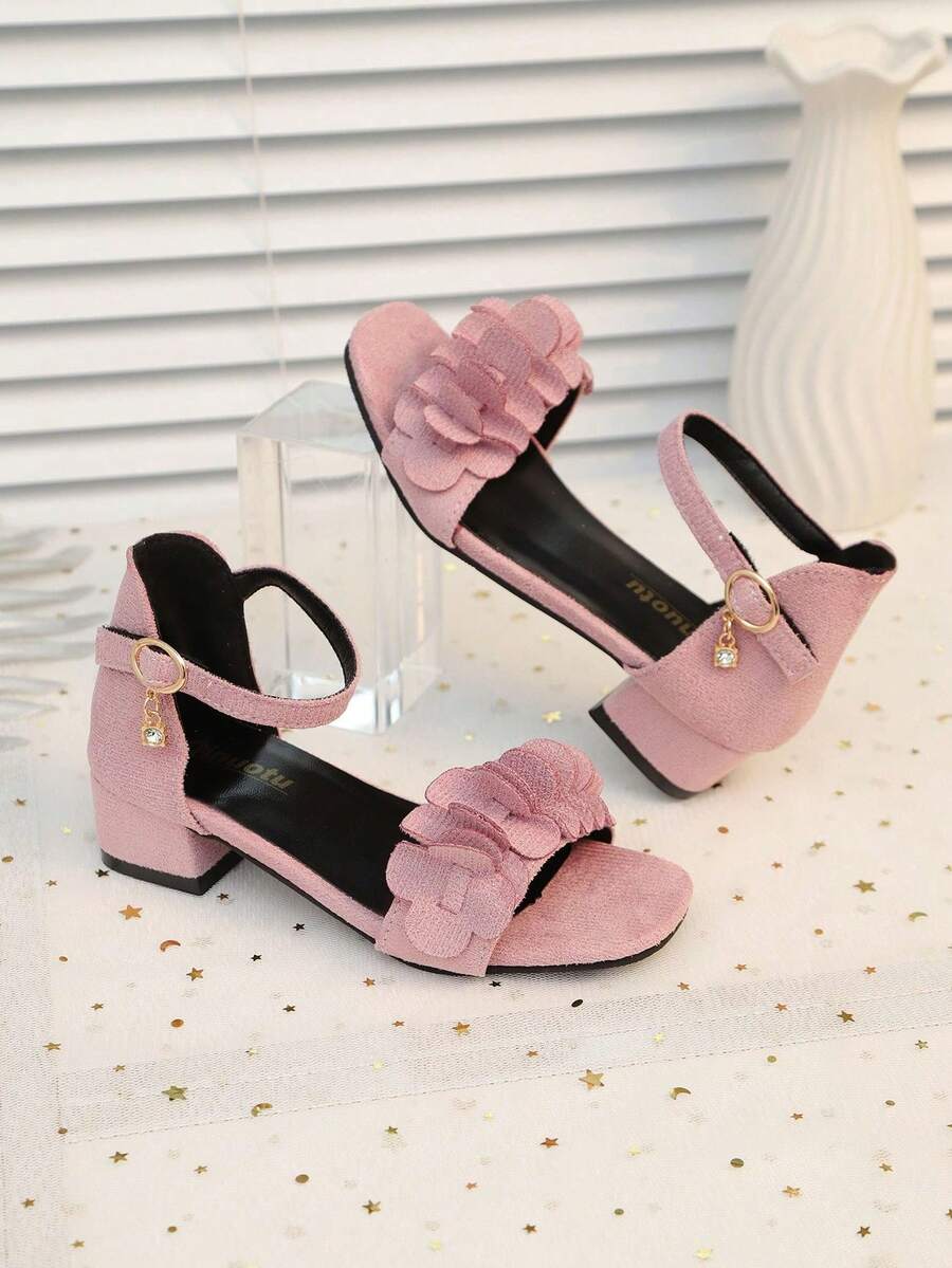 1 Pair Plus Size Girl's Student High Heel Sandals, Red 3D Floral Decor, Soft Fabric, Metal Buckle, Rhinestone, Classic Simple Hook And Loop Design, Square Toe Chunky Heel, Open Toe, Fashion Elegant Cute Roman Sandals, Suitable For Students Aged 3-15, Daily Casual, Hosting, Dance Party, Holiday, Spring/Summer 2026