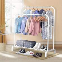 Multifunctional Coat  Clothing Double Rod Hanger With Shelf Freestanding White - White - View 3