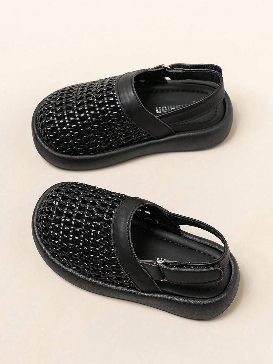 1 par de sandalias de niña de estilo vintage negro tejido, zapatos romanos cómodos, suaves, antideslizantes y transpirables - Negro - Ver 1