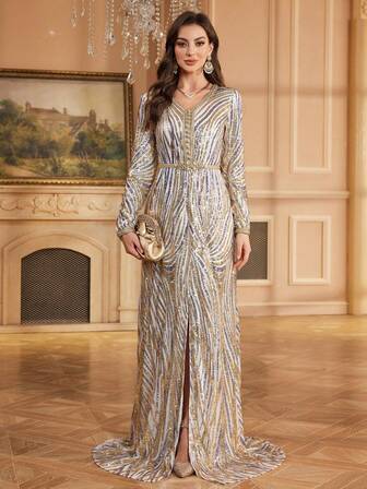 Vestido de fiesta elegante de manga larga con cuello en V, estampado de cebra con lentejuelas y cinturón desmontable para mujer