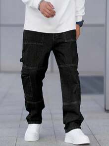 Men's Casual Solid Color Pocket Daily Wear Jeans - Black - View 5