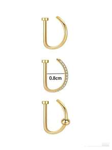 时尚无穿孔设计假鼻环，女士鼻环，金银不锈钢鼻环，朋克风，嘻哈风，D形鼻环，水晶鼻环，锆石镶嵌假鼻环