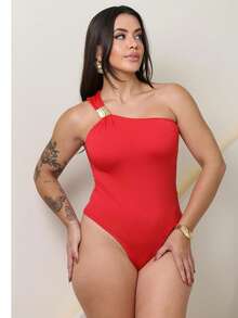 Bodysuit With Sleeveless Design, Buckle With Padding, Sensual, Simple, Casual, Elegant, Asymmetrical, Summer Style. - Red - View 3