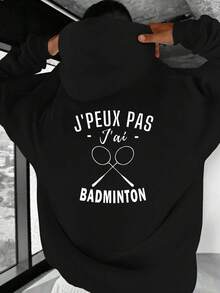Sudadera con capucha impresa de tema francés para hombres con eslogan francés y patrón de bádminton - Sudadera casual negra y blanca, ajuste holgado para entusiastas del bádminton, frase francesa (J'PEUX PAS J'AÏ BADMINTON), lavable aáquina para otoño e invierno - Negro - Ver 12