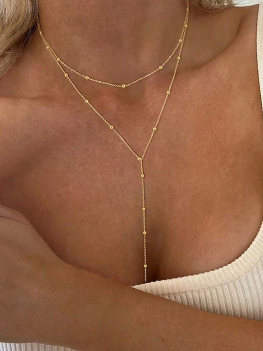 1pc Long Pendant Necklace, Women's Y-Shape Chain With Round Ball Pendant, Suitable For Daily Wear By Women And Girls - FF-6639 Double Layer Necklace - View 1