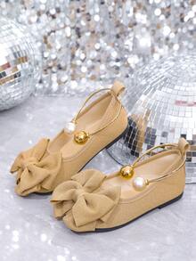 1 Pair Brown Fabric Bow Decor Soft Fabric Flat Loafers, Dual-Tone Large Pearl Metal Decor Minimalist Design, TPR Sole Round Toe Casual Slip-On Shoes Suitable For 3-12 Years Old Female Students For Daily, Casual, Holiday, Campus Wear, Spring/Summer New Arrival - Brown - View 6