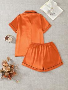 2pcs Simple & Elegant Orange Women's Pajama Set, Collared Button-Up Top With Black Trim And Elastic Waist Shorts, Oversized Relaxed Fit, Fashionable & Comfortable Loungewear For Spring/Summer - Orange - View 5