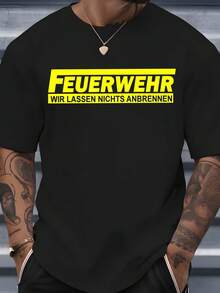Men's Crew Neck T-Shirt With Yellow Text Print "Feuerwehr Wir Lassen Nichts Anbrennen" Ideal For Everyday Wear, Social Events And Summer Season - 黑色 - 查看 1