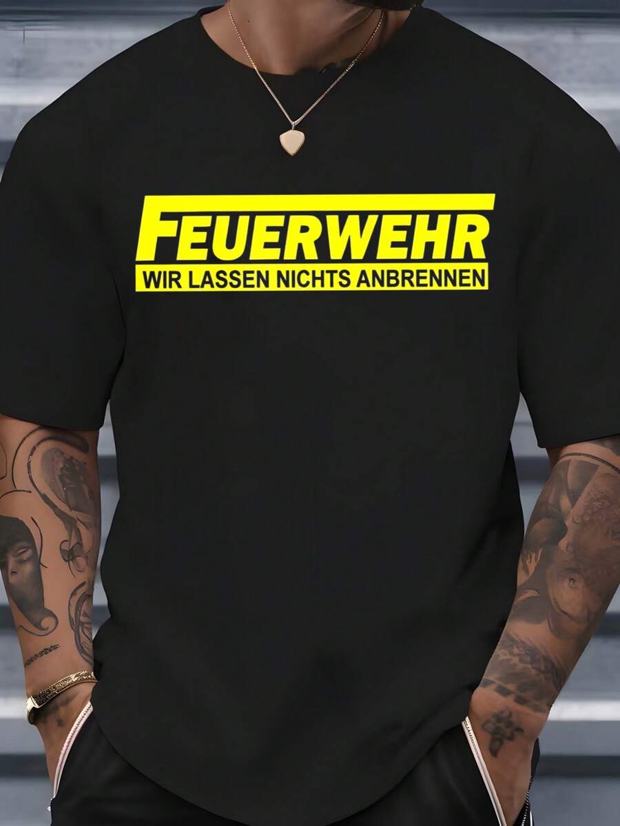 Men's Crew Neck T-Shirt With Yellow Text Print "Feuerwehr Wir Lassen Nichts Anbrennen" Ideal For Everyday Wear, Social Events And Summer Season - 黑色 - 查看 1