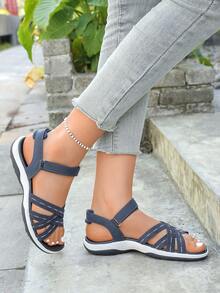 2026 Colorblock Elastic Criss-Cross Strap Hook And Loop Sports Sandals, Suitable For Spring/Summer Outdoor Activities - Navy Blue - View 12