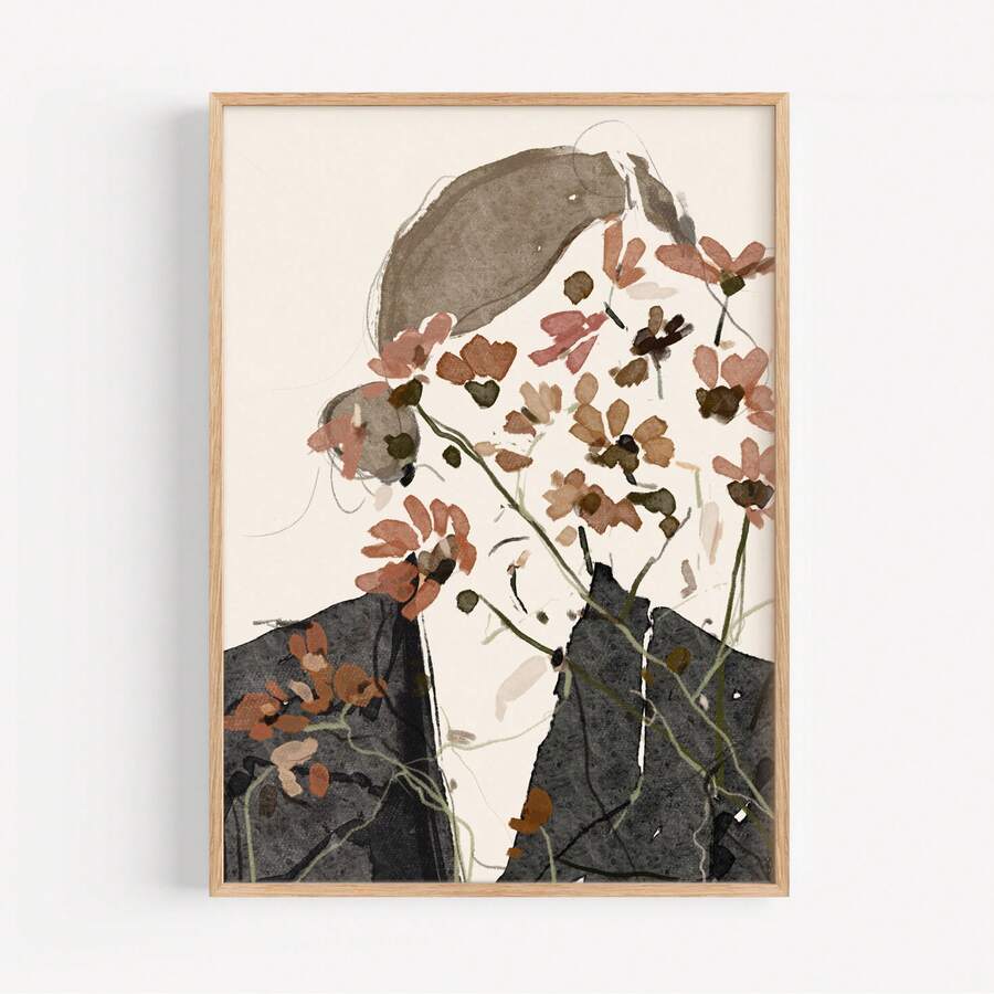 1pc Plant Abstract Female Face Art Painting Print, Minimalist Floral Art, Female Abstract Figure Wall Art, Modern Abstract Art Print, Frameless Painting, Premium Poster - Multicolor - View 1