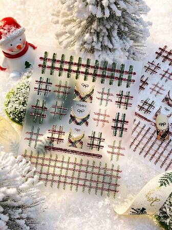 Adesivo per unghie a tema natalizio con fiocchi di neve, motivo a scacchi, strisce rosse e verdi, adatto per decorazioni autunnali e invernali, adesivi decorativi di alta qualità e versatili, adesivi artistici, adesivi per unghie autoadesivi, superficie liscia, tema cartoni animati, in materiale plastico, molto adatto per decorazioni per unghie, arte di unghie, adesivi per unghie