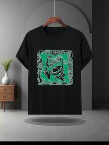 Men's Streetwear Graphic Tee - Casual Black Crew Neck T-Shirt With Green Dragon And Flower Design, Short Sleeve, Lightweight Polyester Blend For Summer, Streetwear Fashion, Bold Graphic Tee, Detailed Print, Dragon T-Shirt - 黑色 - 查看 6