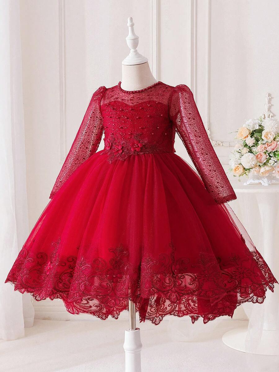 Young Girls Sparkling Red Girls Princess Tutu With Lace And Beaded Detail - Elegant Long Sleeve Net Dress For Weddings, Piano Colored Birds And Formal Events, All Season Polyester Party Dress, Wedding Guest Dress - 酒紅色 - 查看 1