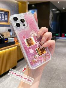 1pc TPU+PC Soft-Hard Combination Pink Liquid Quicksand Surface Customizable Photo, Ocean Element Frame Pattern Anti-Drop Phone Case, Anniversary Gift, Valentine's Day Gift, Birthday Gift, Wedding Gift - Multicolor - View 2