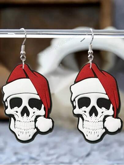 Pendientes únicos con colgante de calavera y gorro de Papá Noel de acrílico - Adecuados para fiestas de Halloween y festividades, accesorio de moda con estilo vintage