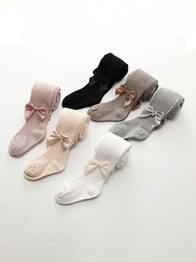 1 Stück weiche, atmungsaktive Rippstrumpfhose mit Schleifen, bequeme Babyleggings für alle Jahreszeiten, modische gestreifte Babyhosen, Strumpfhosen Stretch Set