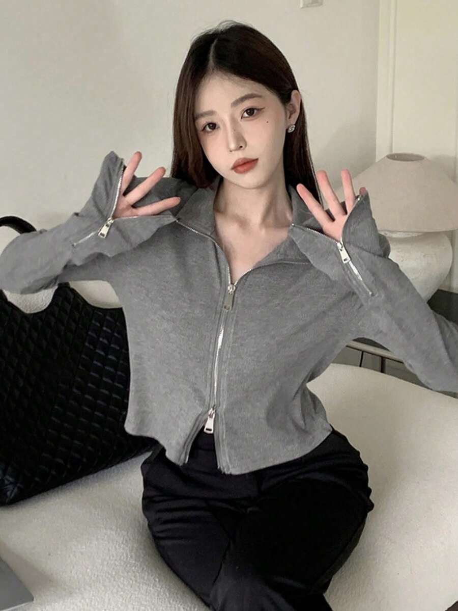 Women's Solid Color Stand Collar Fishbone Short Jacket, Slim Fit Zip-Up Long Sleeve Top - Grey - View 1