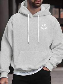 Men's Leisure Hoodie, Face Print, % Polyester, Slightly Stretchy, Loose Fit, Long Sleeve Hoodie With Pocket Detail, Fashionable Autumn-Winter Top - 黑色 - 查看 3