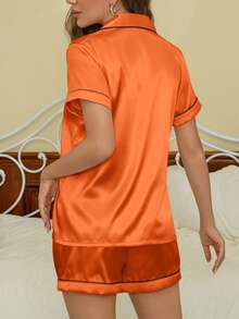 2pcs Simple & Elegant Orange Women's Pajama Set, Collared Button-Up Top With Black Trim And Elastic Waist Shorts, Oversized Relaxed Fit, Fashionable & Comfortable Loungewear For Spring/Summer - Orange - View 2