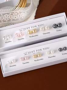 1 Set 7-Pair Pearl Stud Earrings, French Retro Minimalist Earrings For Non-Pierced Ears - Multicolor - View 5