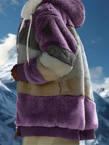 Women's Winter Ultra-Warm Fuzzy Hooded Coat Color Block Oversized Soft Fleece Jacket With Drawstring | Cozy Cold-Weather Outerwear (Black/Pink/Navy/Purple/Burgundy) - 紫色 - 查看 3