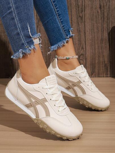 女士复古休闲运动鞋 - 多色经典条纹低帮系带鞋，防滑 TPR 外底，透气柔软皮革鞋面，适合日常穿着、步行和街头风格（有海军蓝、米色和红色可选）