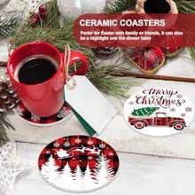 6Pcs Christmas Coasters With Metal Holder Xmas Tree Snowflake Truck Drink Coasters Red Black Plaid Winter Holiday Ceramic Cup Mat For Home Kitchen Table Decor 4.1 X 0.3 Inch - 彩色 - View 5