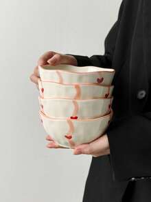 1pc/2pcs Ins Style Ribbon & Heart Ceramic Bowl, Household Rice Bowl, Breakfast Yogurt Oatmeal Bowl, Fruit Salad Bowl, Afternoon Tea Dessert Ice Cream Bowl, Festive Party Tableware