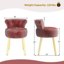 Velvet Upholstered Vanity Chair With Tufted Low Back And Solid Wood Legs, Gray & Black Makeup Stool For Bedroom And Dressing Room - Burgundy & Natural - View 3