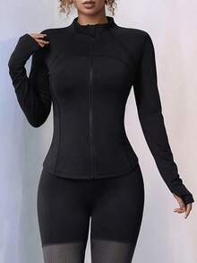 Plus Size Zipper Long Sleeve Sports, Women Tight Thumb Hole Cuff Fitness Yoga Running Activewear Outerwear - 黑色 - 查看 6