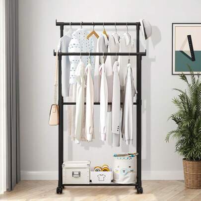 1pc Space-Saving Multifunctional Wrought Iron Double-Row Coat Rack, Shoe Rack, Storage Rack, Shelf. Movable, Easy To Assemble And Disassemble. Suitable For Living Room, Entryway, Bedroom, Study, And Office. A Great Item For Organizing And Arranging Clothes, Perfect For Holiday Gifts, Christmas Presents, And Other Special Occasions.