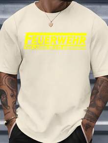 Men's Crew Neck T-Shirt With Yellow Text Print "Feuerwehr Wir Lassen Nichts Anbrennen" Ideal For Everyday Wear, Social Events And Summer Season - 杏色 - 查看 1