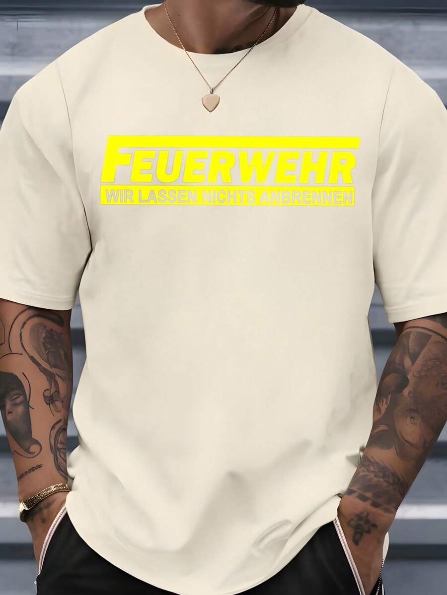 Men's Crew Neck T-Shirt With Yellow Text Print "Feuerwehr Wir Lassen Nichts Anbrennen" Ideal For Everyday Wear, Social Events And Summer Season - 杏色 - 查看 1