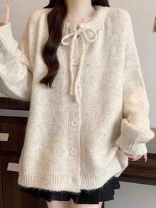 Autumn/Winter Round Neck Lace Bow Tie Cardigan Jacket Long Sleeve Top - Apricot - View 4
