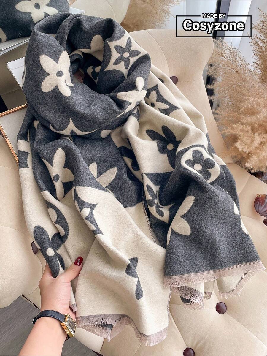 1pc Faux Cashmere Minimalist Elegant Star Pattern Jacquard Warm Scarf, Suitable For Women, Air-Conditioned Room, Autumn/Winter, Fashion, Versatile, Neck Warmer, Shawl, Ideal Gift - Grey - View 1
