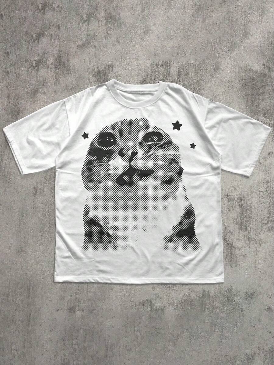 趣味Y2K复古猫咪T恤，个性猫咪T恤，复古T恤，送给爱猫人士的礼物，可爱圆领女式T恤，新款春夏休闲上衣 白色 - 白色 - 查看 1