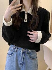 Polo Collar Long Sleeve T-Shirt For Women, Versatile Color Block Casual Top
