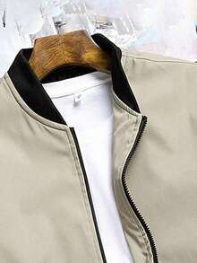 Men's Comfortable Collared Jacket - Soft Solid Color, Zip Closure, Long Sleeve, Business Style, Suitable For Outdoor Activities And Casual Wear, Versatile And Breathable - Khaki - View 2