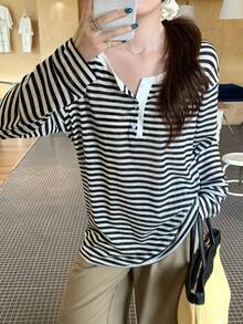 休闲宽松条纹长袖T恤 - 黑色條紋 - 查看 2