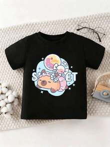 Bonita camiseta gráfica para ni?as, suave al tacto, holgada, cómoda, estilo sofisticado, estilo encantador. - Negro - Ver 3