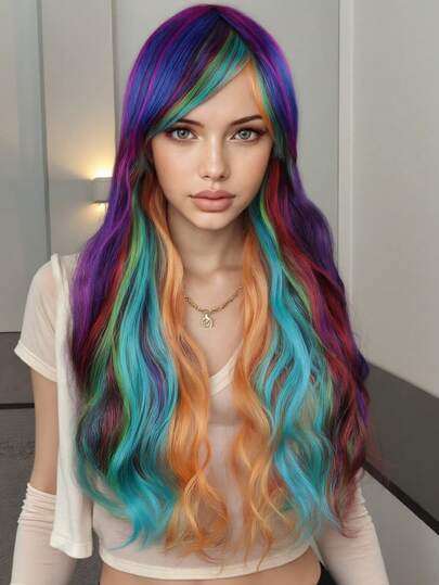 1 st. 62 cm lockig färgad syntetisk peruk med lugg, värmebeständig fiber, långt naturligt vågigt hår för fester eller vardagsbruk