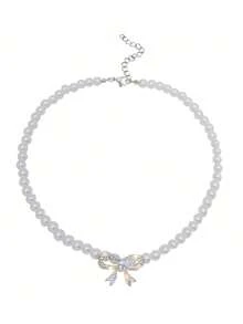 1pc Vintage Elegant Faux Pearl & Rhinestone Bow Pendant Necklace For Women - Multicolor 1 - View 3