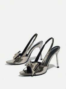 女士高跟鞋，适合春夏、晚宴、旅行、购物、聚会、T台走秀、通勤、约会、舞会等场合，时尚优雅，情人节礼物，春节礼物，蝴蝶结装饰，圆头，优雅踝带，细高跟，纯色，镜面抛光，大理石纹理，舒适材质，可搭配秋季连衣裙，性感，前卫，优雅，奢华，百搭，枪灰色高跟凉鞋 - 槍灰色 - 查看 5