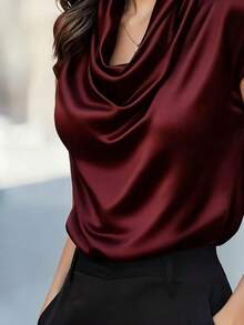 1件女士纯色缎面垂褶设计优雅时尚翻领短袖衬衫，适合办公室、度假、假日、日常穿着，夏季皆宜 - 深紅色 - 查看 3