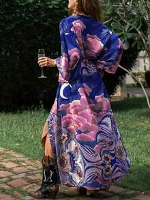 Oversized Mid-Length Bohemian Style Casual Versatile Commute Printed Kimono Cardigan, Tie-Waist Robe, Beach Cover-Up, Lightweight Summer Jacket Vacation Spring - Blue - View 1