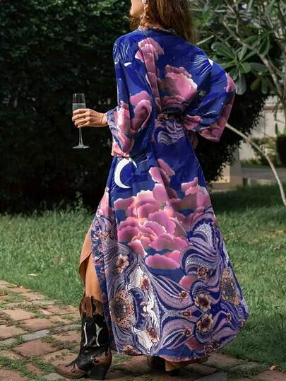 宽松中长款波西米亚风休闲百搭印花和服开衫，可作腰带长袍、沙滩罩衫、轻薄夏季外套