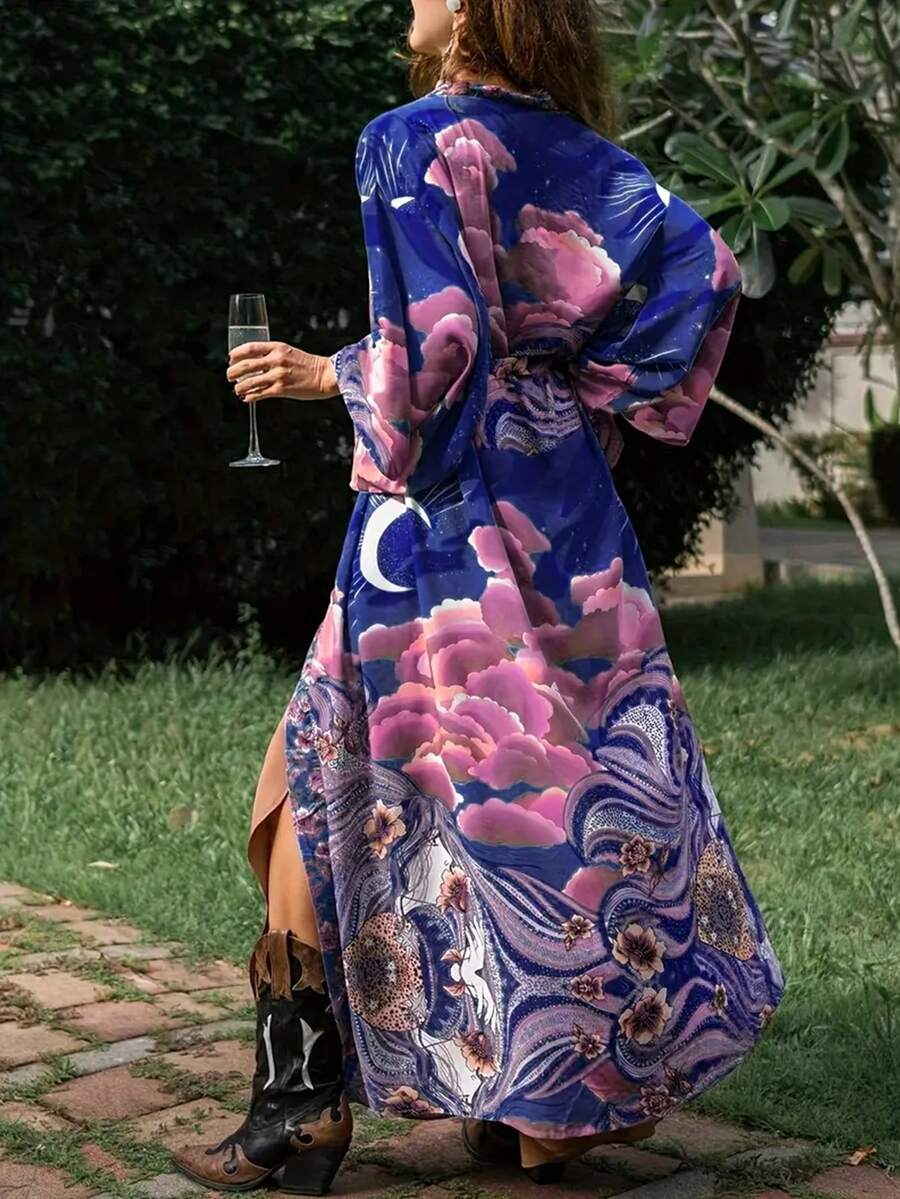 Oversized Mid-Length Bohemian Style Casual Versatile Commute Printed Kimono Cardigan, Tie-Waist Robe, Beach Cover-Up, Lightweight Summer Jacket Vacation Spring - Blue - View 1