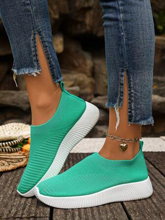 Tênis Casuais Azul-Esverdeado Femininos, Respiráveis, Leves, Sapatos Planos Versáteis de Slip-On